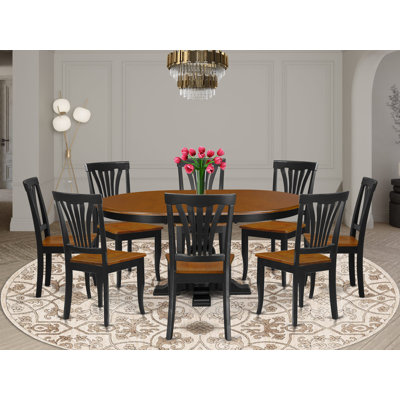9-Pc Wooden Dining Set Includes a Breakfast Table with cherry tabletop & 8 Wooden Chairs with Slatted Back- Black