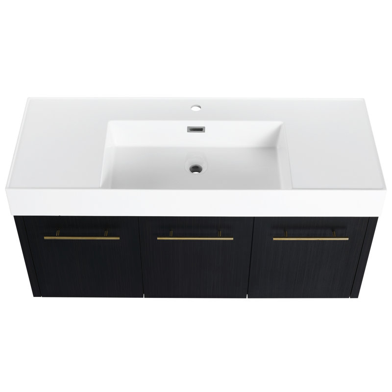 Meuble-lavabo de salle de bain. Style châtaignier, cuve en résine épaisse, charnières, armoire en contreplaqué 48 po fixée au mur avec châtaignier. Fabrication silencieuse