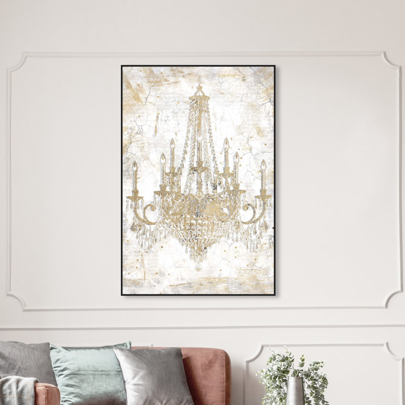 Fashion And Glam " Fashion And Glam White And Gold Chandelier " by Oliver Gal, Black Floater Framed, 30" H x 20" W