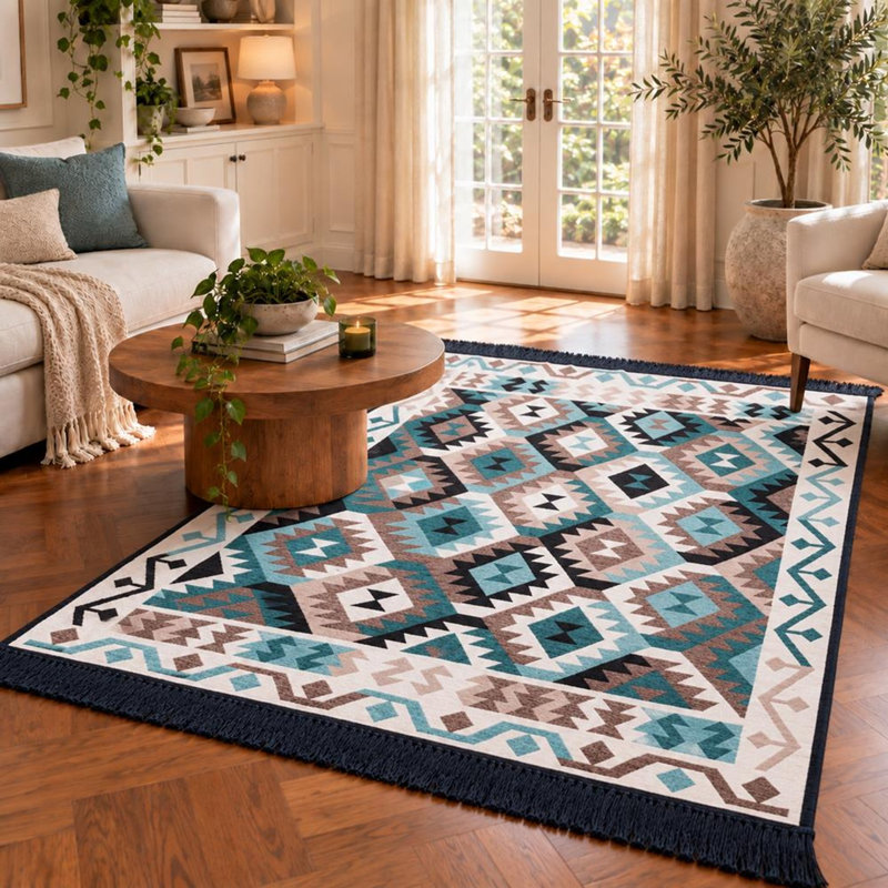 Tapis Bigghome, motifs turcs traditionnels réversibles 3 x 5 lavables à la machine - bleu et noir, Rectangulaire 3 pi x 5 pi