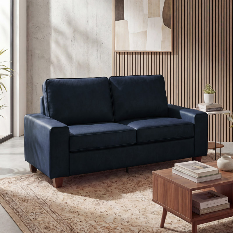 71.5" Vegan Leather Sofa with Wide Square Arms and Storage Pockets for Living Room Upholstered Loveseat, Blue