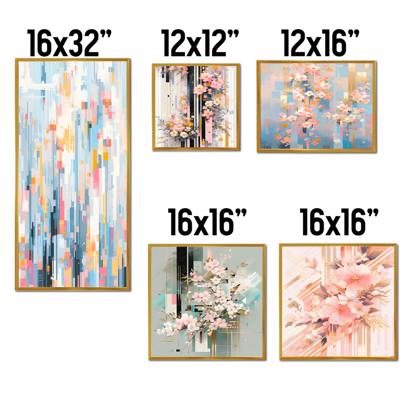 Fleurs de cerisier modernes roses "Bold Stripes I" - ensemble d'art mural sur toile cerise de 5, Cadre flottant doré