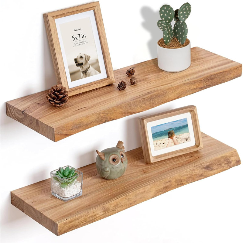 24" Solid Elm Floating Wall Shelves Set Of 2, Rustic Heavy-Duty Shelves