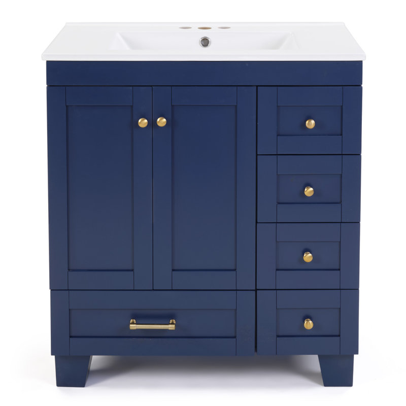 Meuble-lavabo bleu 30 po avec lavabo en céramique - Tiroirs à fermeture en douceur, structure en bois massif, rangement multi-organisateur, 76 x 47 x 85 cm