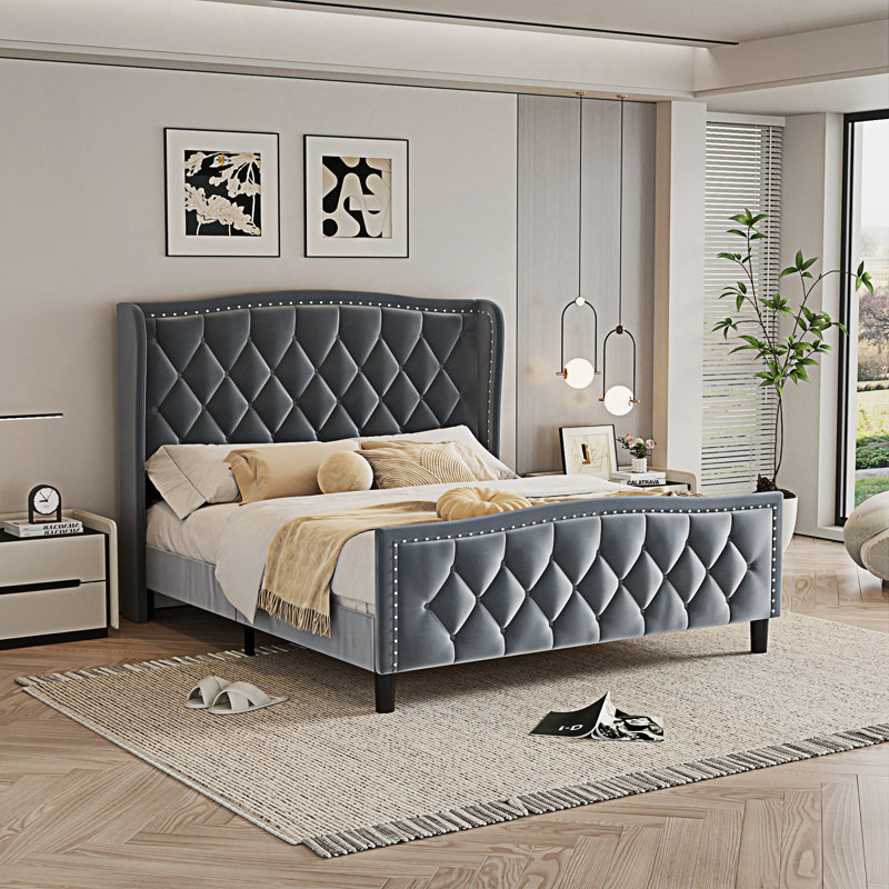 Structure de lit moderne grand lit, lit plateforme tapissier avec tête de lit à oreilles