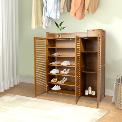 Étagère à chaussures à 7 niveaux en bambou, meuble à chaussures autoportant avec porte, idéale pour l'entrée, la chambre ou le salon.