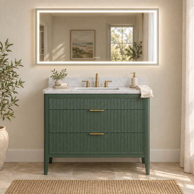 Meuble-lavabo sur pied vert sauge de 91 cm (36 po) avec lavabo intégré et miroir de courtoisie à DEL de 91 cm x 183 cm (36 po x 72 po).