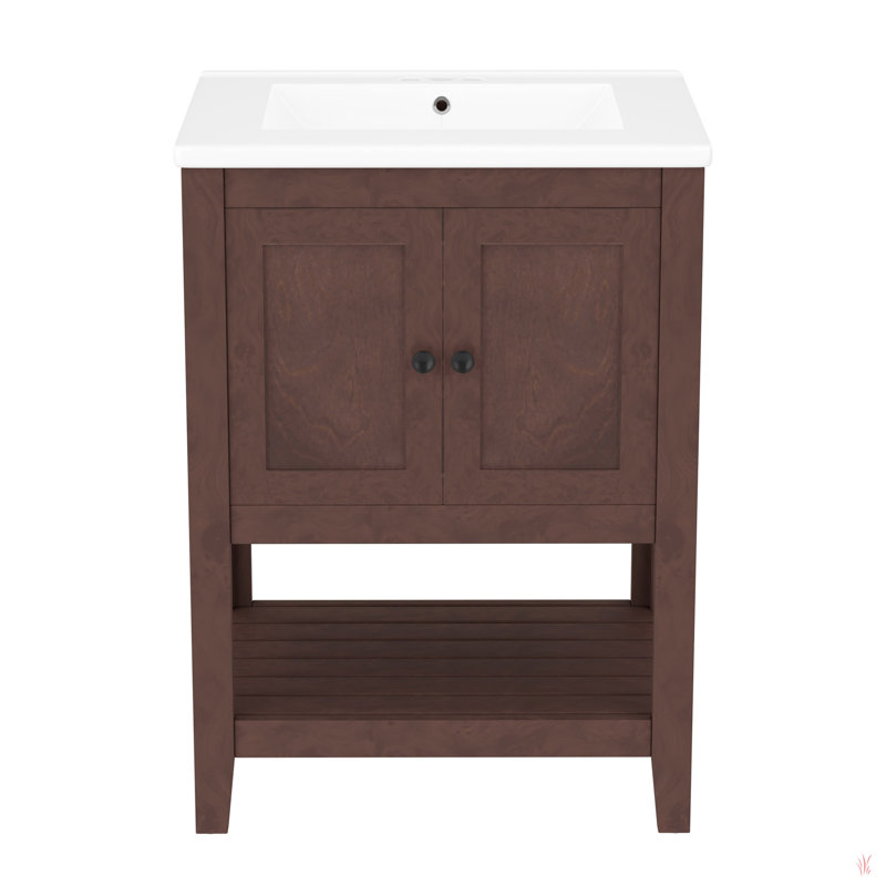 Lavabo de salle de bain moderne élégant en céramique 24 po avec tablette ouverte en bois massif, Brun, Noir