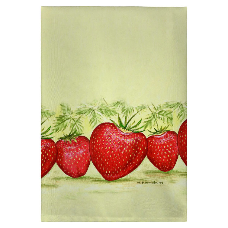 Black hand towel with strawberries. Kitchen dishcloths. Strawberry