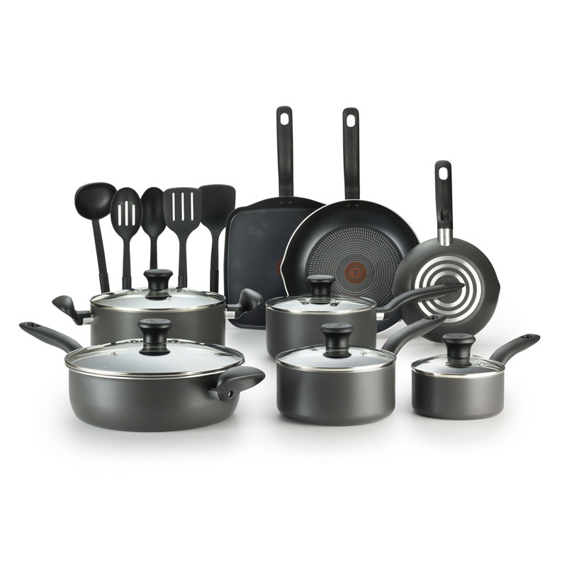 T-fal Initiatives 18 Piece Aluminum Nonstick Cookware Set & Cooking Utensils, Black