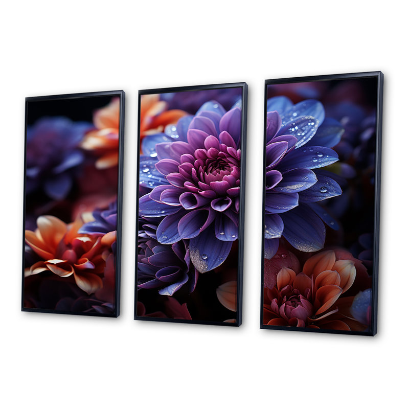«Mums Nocturnal Elegance Midnight Indigo I», ensemble d'art sur toile Mums, Cadre flottant noir, H 32 po x l 48 po x P 1 po