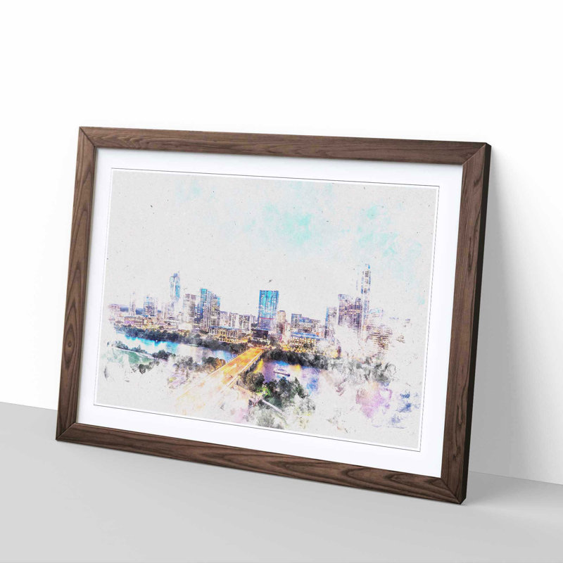 Austin Texas Skyline Watercolour - Single Picture Frame Print on MDF, 36cm H x 48cm W x 2cm D, Walnut Framed
