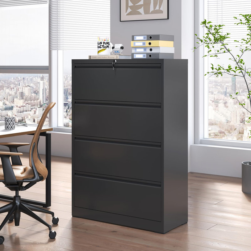 Abheek 4-Drawer Locking Metal Lateral File Cabinet – Heavy-Duty Home Office Filing Cabinets, Assembly Required, Fits Legal/Letter/A4/F4, Black