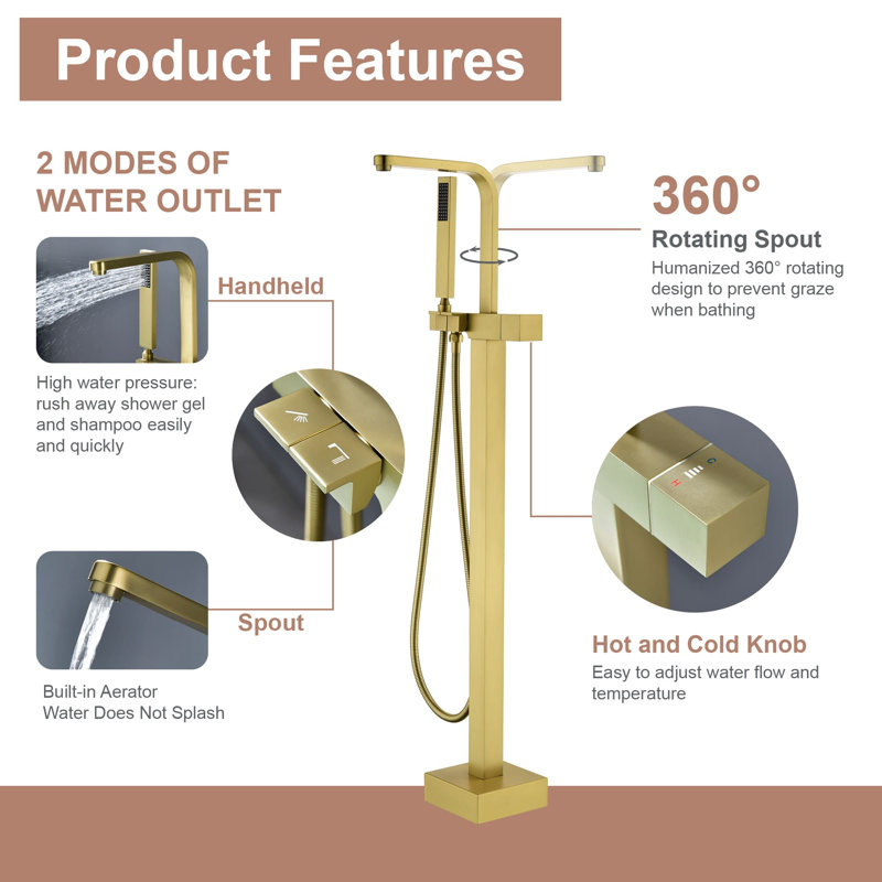 Floor Tub Filler with Diverter, Brushed Gold