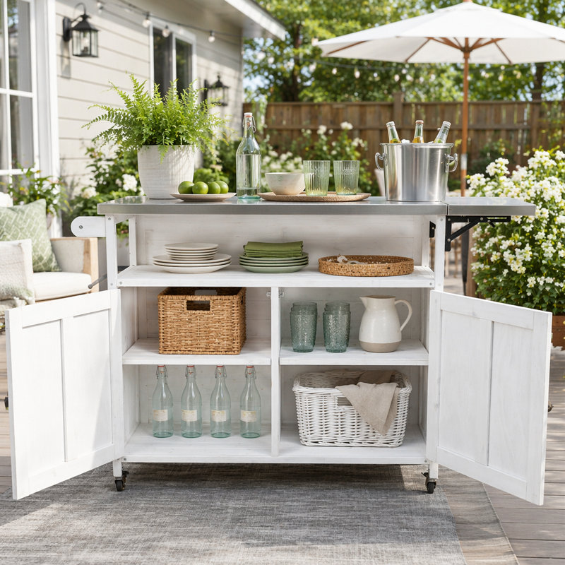 Îlot de cuisine pliable pour l'extérieur avec roulettes verrouillables et rangement, Blanc