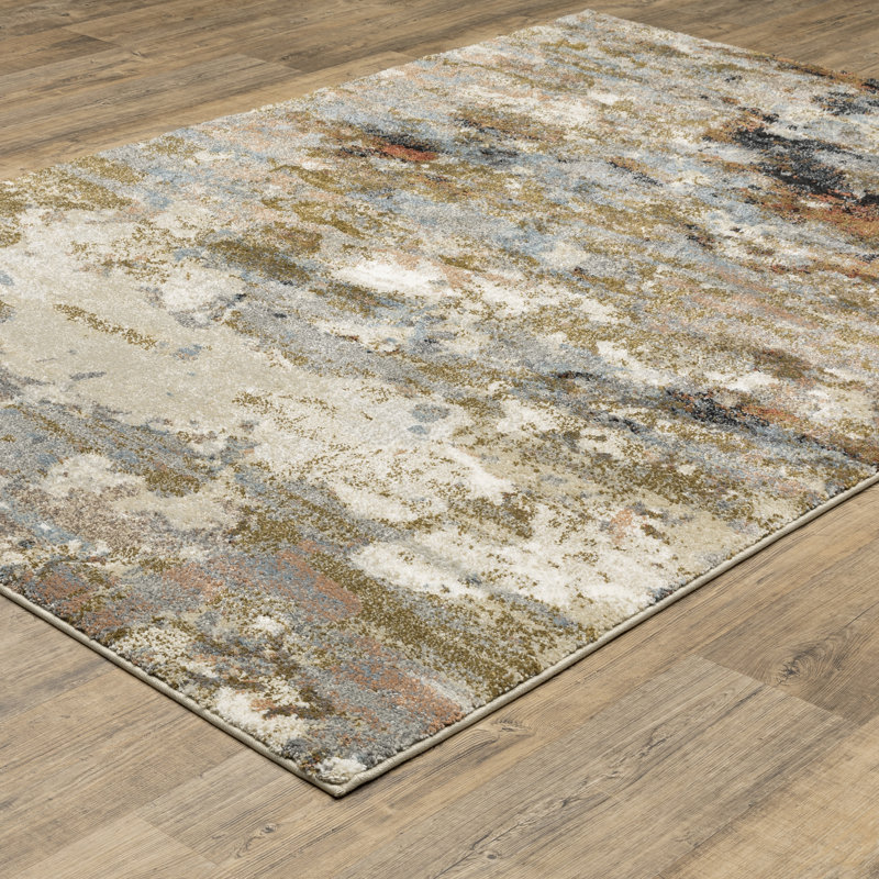 Genesis Contemporary Mottled Abstract Olive/Blue Area Rug, Rectangle 5'3" x 7'