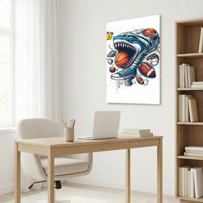 Shark Eating Basketball Football Baseball Sneaker Canvas Wrapped Wall Art Oil Painting Print Set Of 1