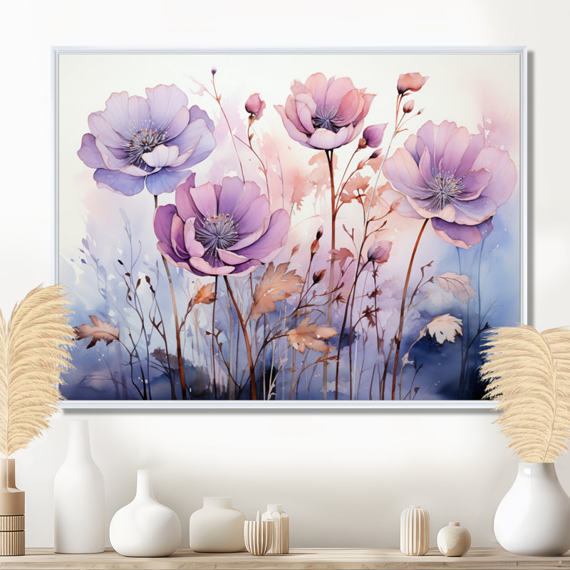 Mauve, fleurs mystiques II - art botanique abstrait, H 12 po x l 20 po x P 1 po, Cadre flottant blanc