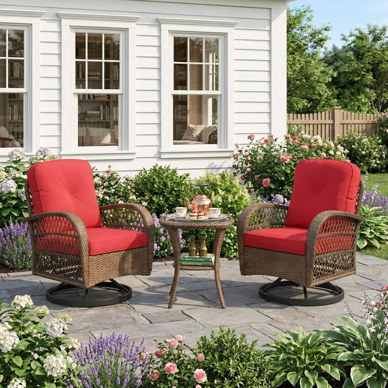 Ensemble de patio à bascule pivotant 3 pièces pour l'extérieur, mécanisme de pivotement à 360 ° doux et doux, table d'appoint en verre trempé et coussins rembourrés épais résistants à l'eau