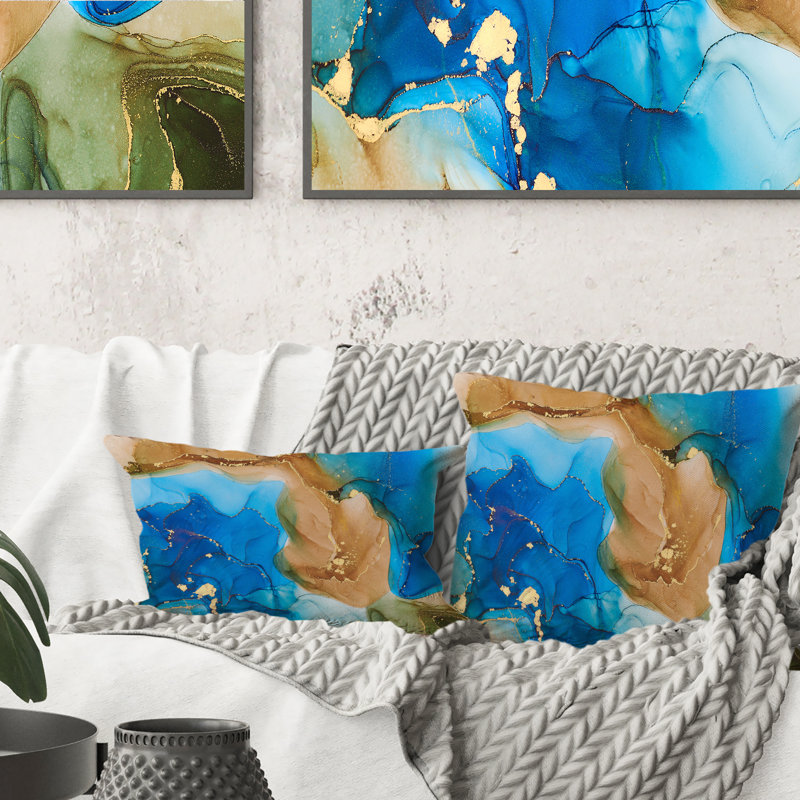 Coussin décoratif à imprimé abstrait brun et bleu, 16 po x 16 po