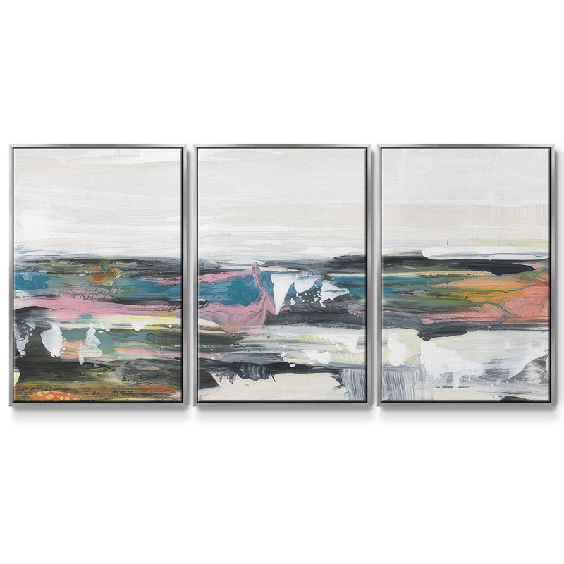 Happy Seascape II - Toile encadrée multi-pièces, H 36 po x l 75 po x P 2 po, Argent