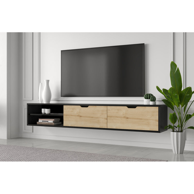 Savya 71" Wall Mounted Floating Entertainment Media Console, Wooden Black-Oak