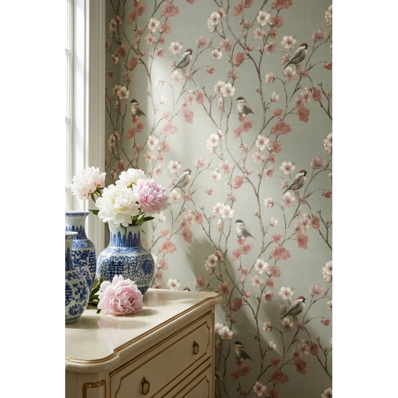 Papier peint rétro à motif floral oiseaux, Peler et coller