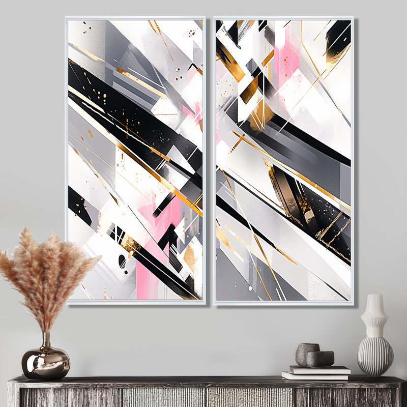 «Pink Grey Gray Symmetometric Abstract - Large Cubism Canvas Wall Art 2-Panels», 32" H x 32" W, Impression encadrée flottante