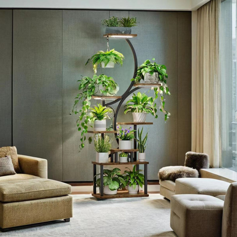 Support pour plante d'intérieur avec 8 tablettes à 3 niveaux et 3 lumières - support en métal de 61 po de hauteur, en forme de S, noir, assemblage simple, roues pour la mobilité, assemblage requis pour la maison et le patio