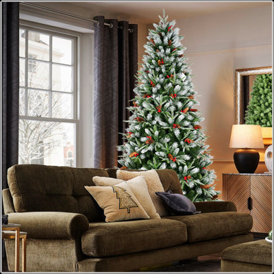 Arbre de Noël artificiel luxuriant avec branches enneigées et pommes de pin réalistes pour la décoration des Fêtes