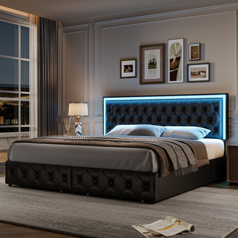 Athanasius Modern LED Platform Bed, PU Upholstered Bed with Storage Drawers, RGB Lighting & Music Sync, Adjustable Headboard, No Box Spring Needed, Easy Assembly