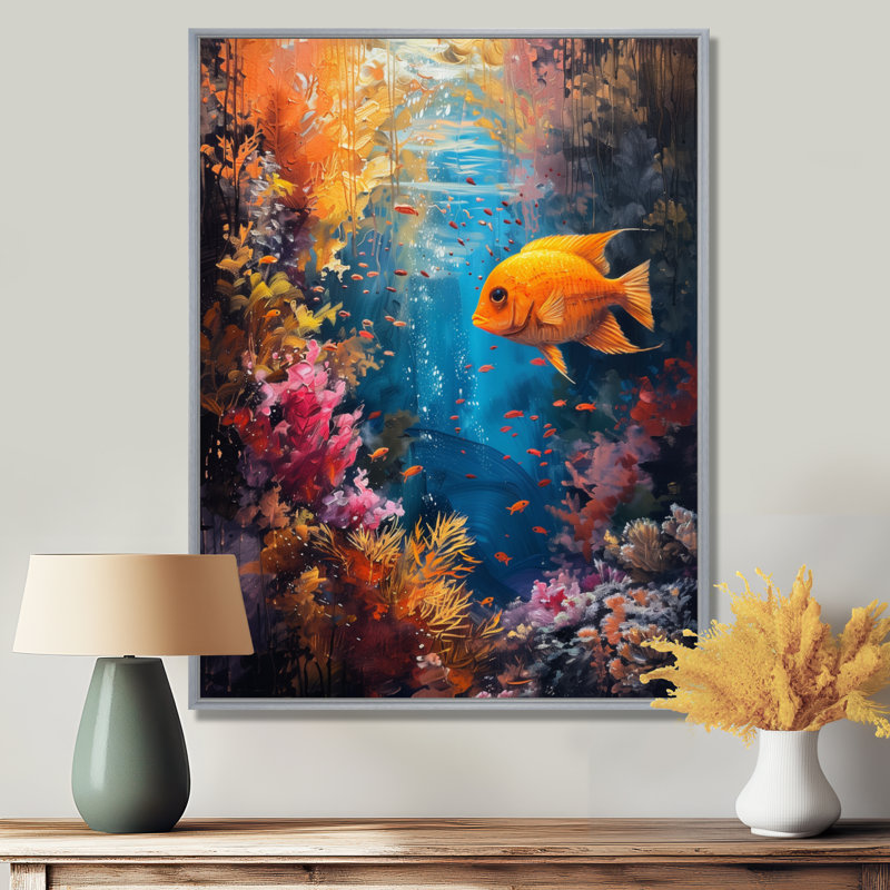 Orange, bleu, corail, poisson rouge, Marvel - art mural de mur de corail, salon, Black Floater Framed, H 30 po x l 40 po