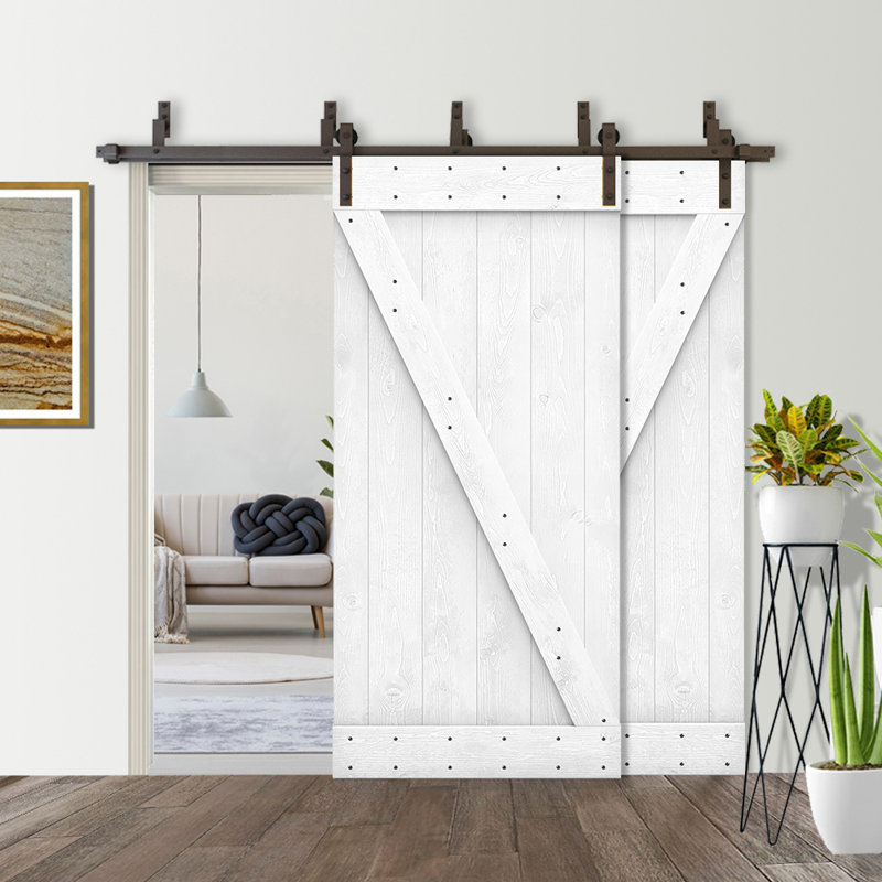 Porte de grange à panneaux et en bois avec quincaillerie d'installation, 56 po x 84 po, Blanc