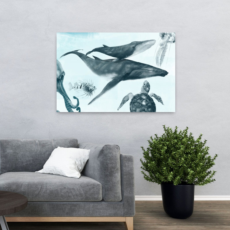 Baleines et amis de l'océan, méduse contemporaine, pieuvre, art mural, H 32 po x l 48 po