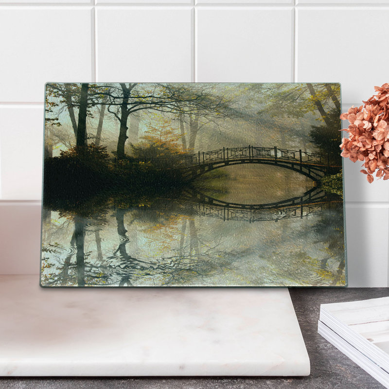 Ambesonne Landscape Tempered Glass Cutting Board Bridge River Forest Multicolor