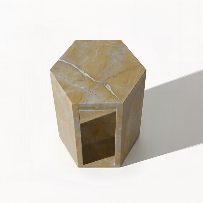 Table d'appoint hexagonale de luxe en marbre naturel doré espagnol, 16 cm de côté, finition polie, base en pierre géométrique moderne et table de chevet pour salon