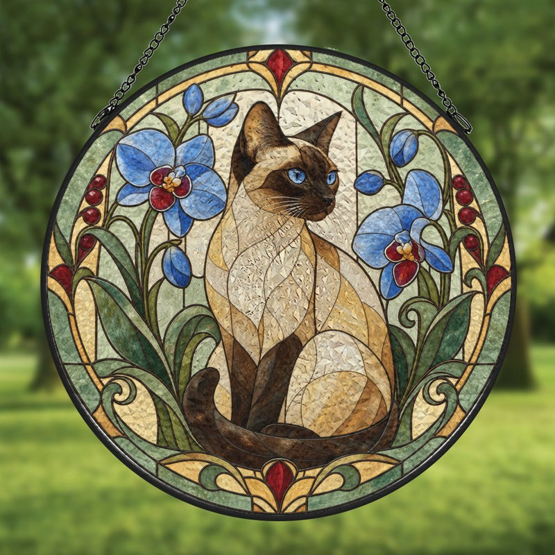 Vitrail représentant un chat siamois et des orchidées bleues - Panneaux artistiques en vitrail - Attrape-soleil pour la décoration de fenêtre