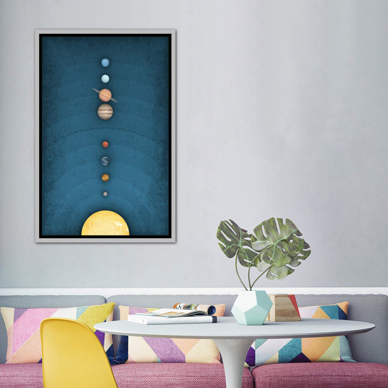 Système solaire sur bleu I - impression, Pas de tapis, H 60 po x l 40po x P 1,5 po, Toile encadrée argentée