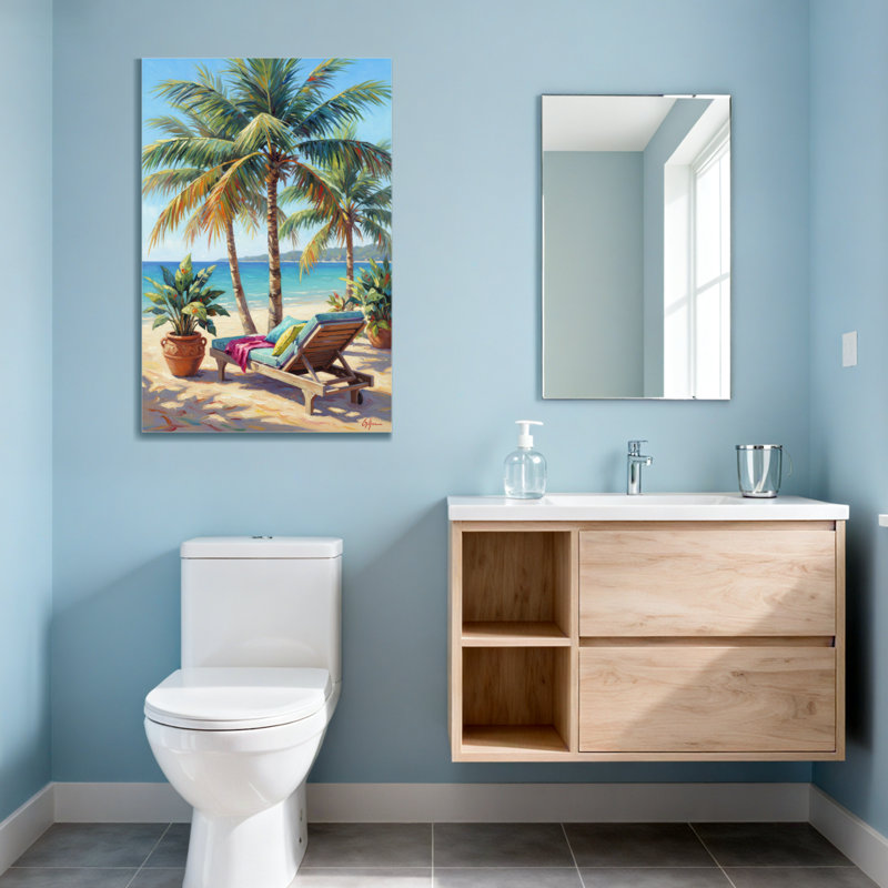 Plantes et fleurs, scène de plage tropicale avec palmiers et chaise longue, H 36 po x l 24 po