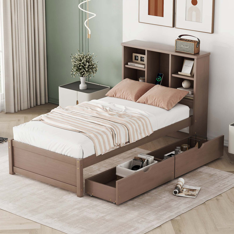 Platform Bed Frame With Built-in USB Port, Walnut