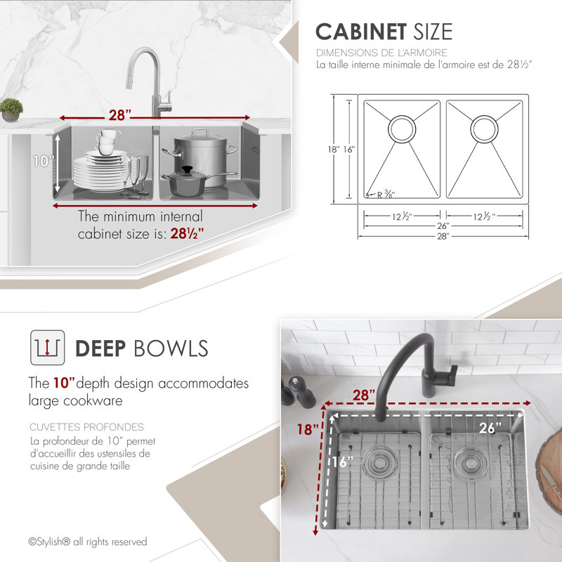 Styluxe Stylish 28" Double Bowl Stainless Steel Undermount Kitchen Sink with Grid and Strainers