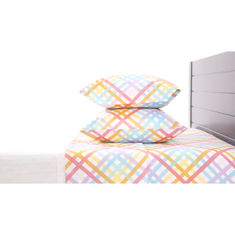 Twin White Rainbow Gingham Microfiber Bed Sheet Set