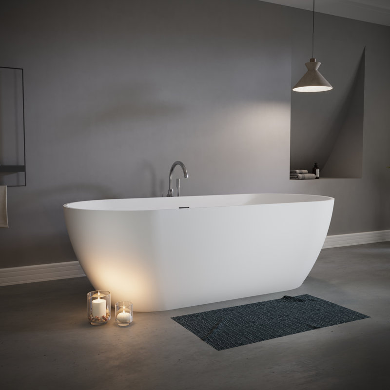 69" Stone Resin Freestanding Solid Surface Bathtub Matte White Oval Deep Soaking Tub with Integrated Slotted Overflow and Pop-up Drain