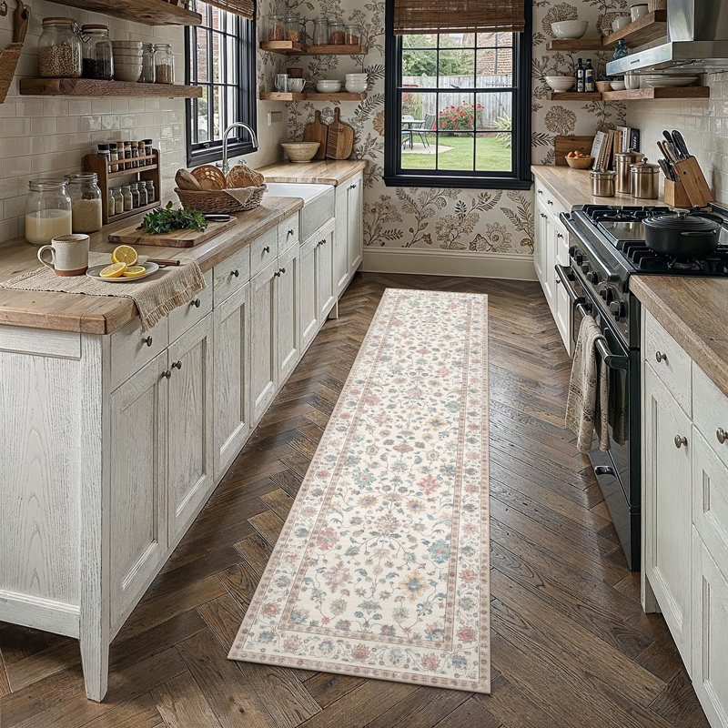 Cherry Machine Washable Floral Area Rug With Non-Slip Backing, Runner 2' x 8'