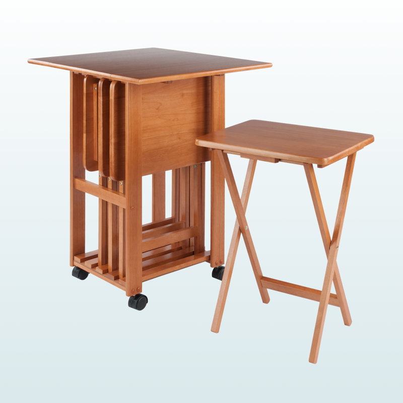 Emory 5-Piece Snack Table Set with Drop Leaf Top in Teak Finish, 25.96" H X 18.91" L X 11.77" D, Brown