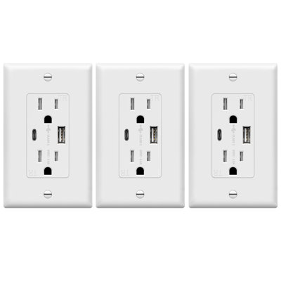 Chargeur de prise murale TopGreener USB, type C et type A, réceptacle de décoration 15A - blanc, avec plaque murale (paquet de 3)