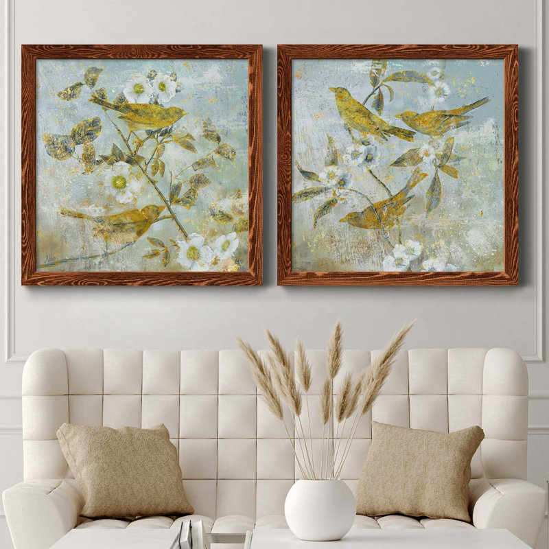 Aviaire jardin I - ensemble de 2 peintures sur toile encadrées, Cadre en érable, H 27,5 po x l 55 po x P 1,5 po