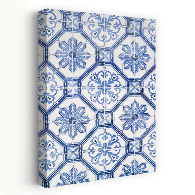 Motif azulejo bleu à motif géométrique classique, 60" H x 40" W
