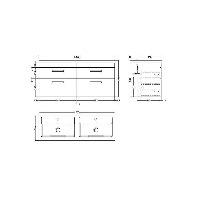 Athena 1205mm Double Bathroom Vanity with Integrated Polymarble Basin, Gloss Grey