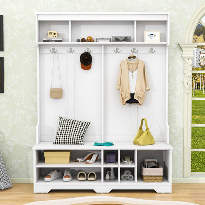 Modern Hall Tree with Bench, Shoe Storage, Metal Hooks and Top Shelves